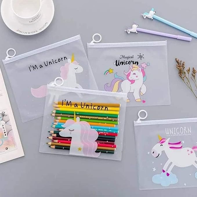 Image of Eclet Pack of 4 Unicorn Transparent Pencil Pouches | Aesthetic Clear Stationery Bags for Kids | Waterproof PVC Exam-Friendly Organizer with Pastel Designs