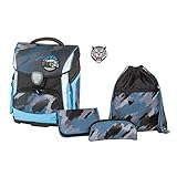 Stylisches Komplettset für die Schule bestehend aus Schulranzen, Schlamperetui, Federmappe mit 2 Flügeln, 2 Klettmotiven (Tigerkopf und Polizeiauto) und Sportbeutel, im coolen Brush Design und einem Farbmix aus schwarz, grau und hellblau