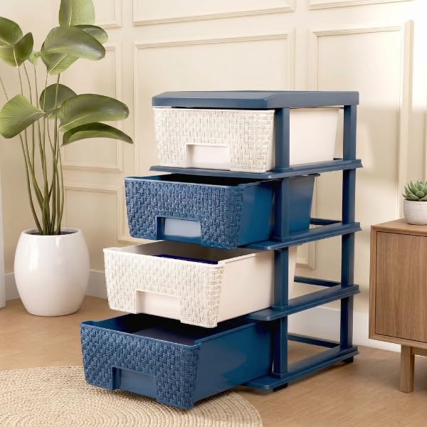 Image of Plastic Modular Drawer Storage Chest Of Drawers Organizer Storage Box, Large Stomo Racks For Multipurpose Anti-slip Shoes Organizers (White & Blue, 4 Layer)