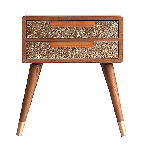 Vipalia Mesita de Noche de Madera de Abeto Lacada y Aluminio Envejecido Repujado. Mueble Dormitorio. Estilo Clasico. Colección Gold I. Color Marron y Dorado