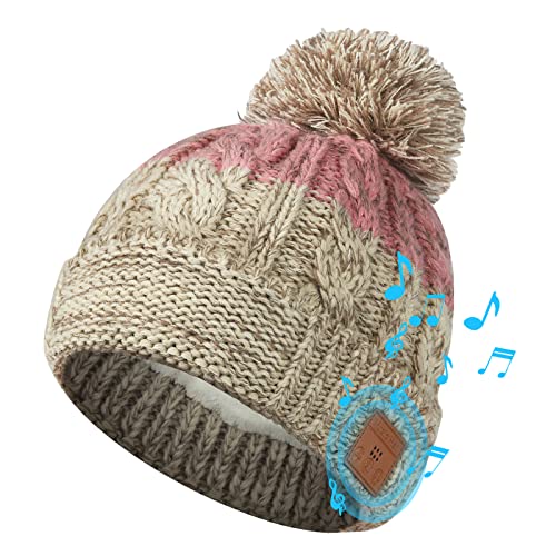TOUCH TWO® Womens Gifts Bluetooth Beanie for Women, Wireless Knit Winter Hat Type-C Rechargeable, Beanie with Bluetooth Headphones for Outdoor, Homes and Gifts (Khaki & Pink)