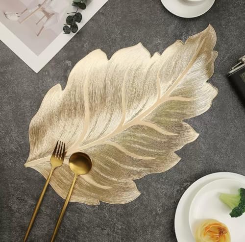 Image of HomeCloud PVC Material Round Shape Table Mat, Dining Table Mat,Table Placemats, Round Mats,Best for Bed-Side Table /Center Table, Dining Table /Shelves (Leaf Gold, Set of 2)