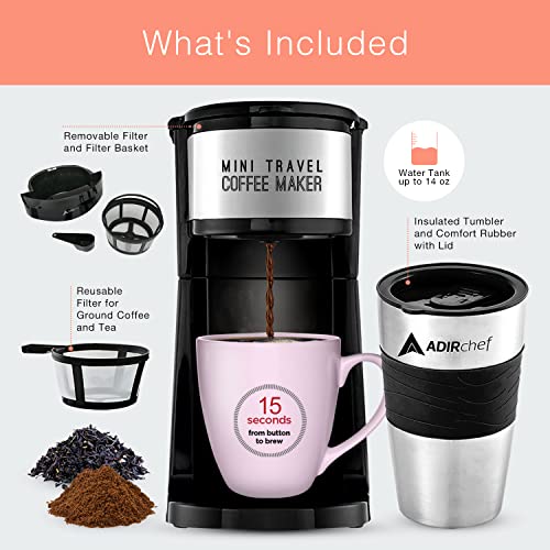 Adirchef Mini Travel Single Serve Coffee Maker & 15 Oz. Travel Mug Coffee Tumbler & Reusable Filter For Home, Office, Camping, Portable Small And Compact For Fathers Day (Black) #TOP2