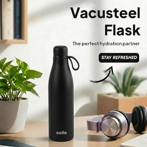 Image of CELLO Duro Oxy Stainless Steel Flask 900 ml Black | Easy to Pour & Fill, Spill Proof Leakproof Vacuum Insulated Hot and Cold Thermos Water Bottle for School College Office Gym Trekking Biking & Travel