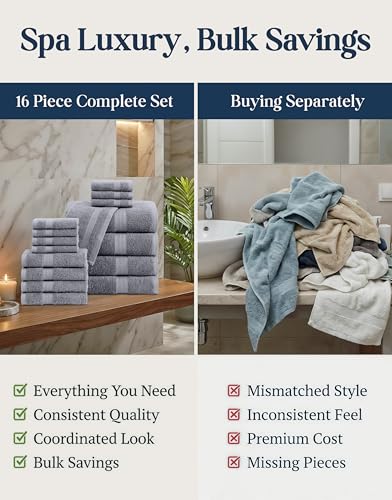 Image of LANE LINEN 100% Cotton Towels Set for Bathroom - 16 Piece Family Pack - Soft, Absorbent & Quick Dry - 4 Bath, 8 Washcloths, 4 Hand Towels - OEKO TEX Certified, Machine Washable & Durable - Cool Grey