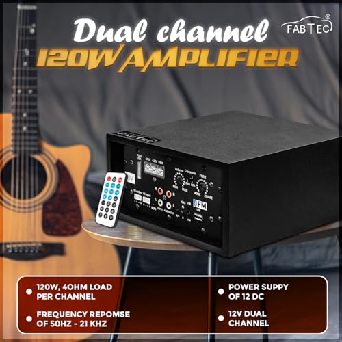 Image of FABTEC 12V 120W Dual Channel Car Amplifier Bluetooth, USB, FM Support | Stereo Audio Amplifier with Bass Booster, Sound Processor, Wireless Connectivity
