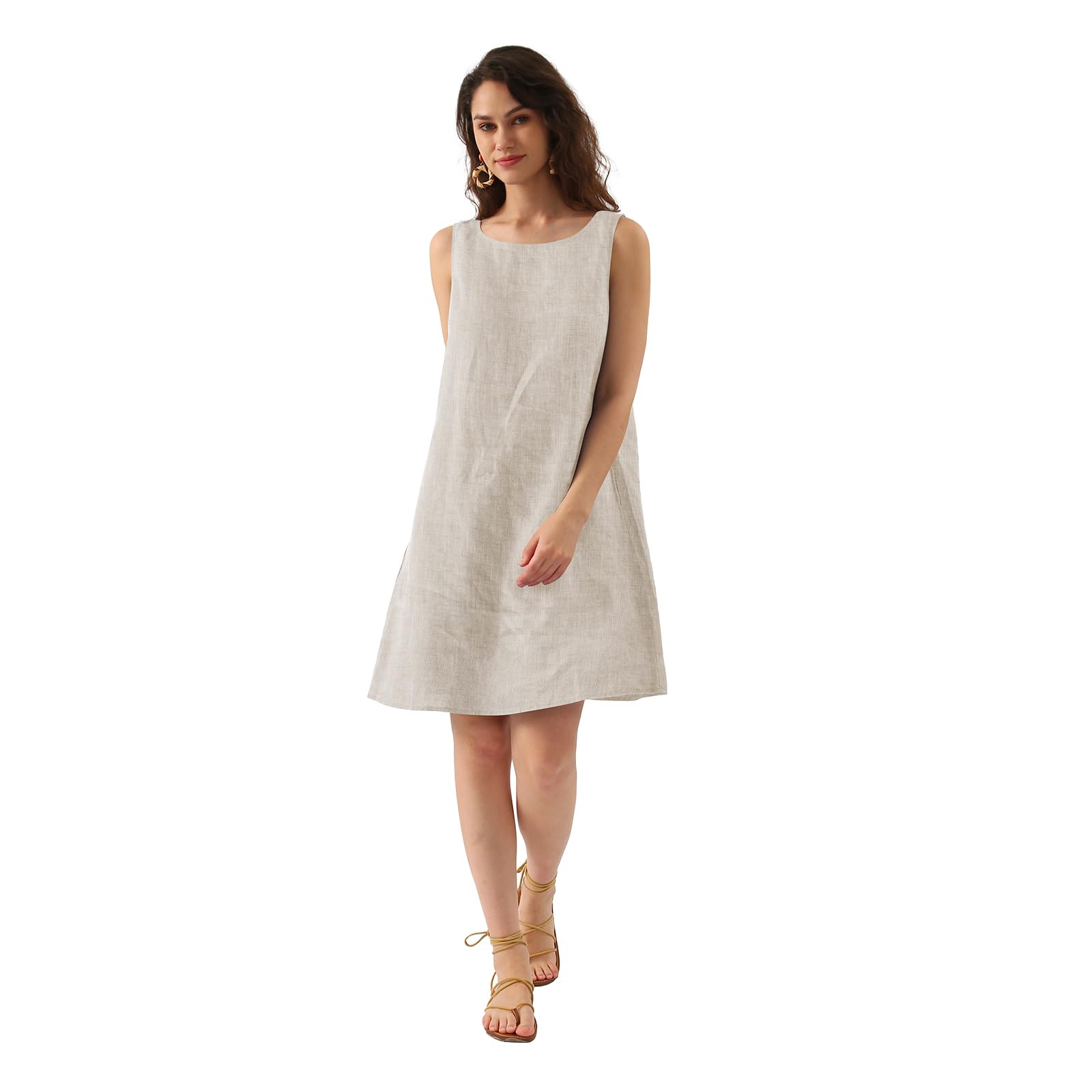 Amazhiyu Vestido de lino para mujer, sin mangas, vestido de verano, vestido de playa, vestido midi hasta la rodilla, cuello redondo, sin mangas, con bolsillos