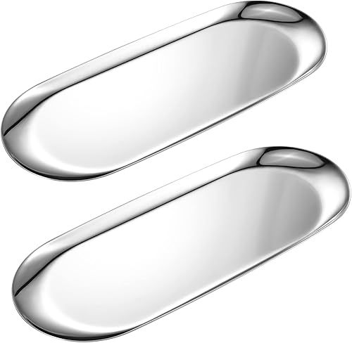Miniatura 7 de Paquete de 2 bandejas de tocador ovaladas doradas, bandeja de joyería de acero inoxidable, bandeja de baño, bandejas para cosméticos de maquillaje,