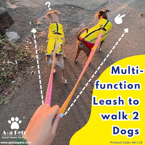 Image of A+a Pets' Multi-Function Cotton Leash to Walk 2 Dogs | Long, Short, Hands Free, Traffic, Running, Walking | Adjustable, Soft Comfortable (Pink & Mango)