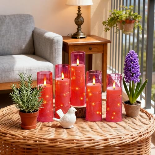 Image of kakoya Flameless LED Candles with Timer 5 Pc Flickering Flameless Candles for Romantic Ambiance and Home Decoration Stable Acrylic Shell,with Embedded Star String,Battery Operated Candles(Pink)