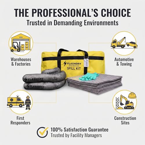 Image of FlashDry Portable Universal Spill Kit - Set of 2 - Flashdry Portable Complete Spill Kits with Yellow Duffle, Bag Tag, 15 Spill Absorbent Pads, 2 3 inchx4' Sorbent Socks, Disposal Bags, Nitrile Gloves