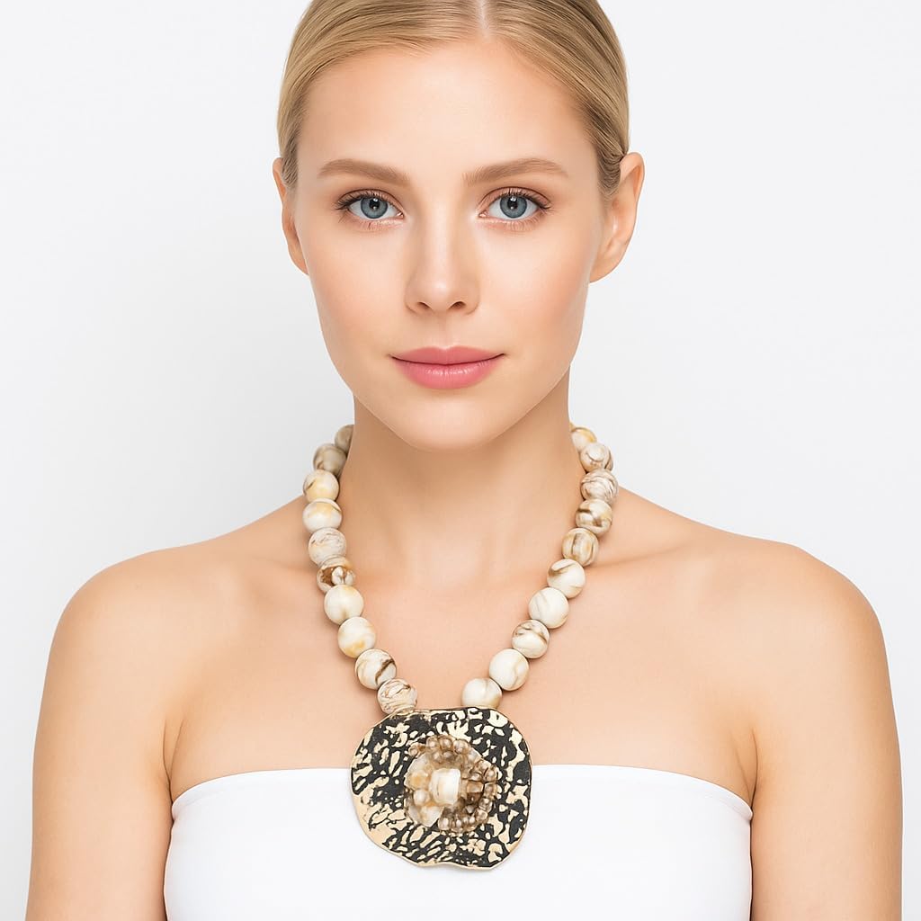 Gold Color Metal Pendant Necklace for Women Stone Simulated Pearl Wood Bead Bold Chunky Statement Fashion Ethnic Jewelry - Image 3