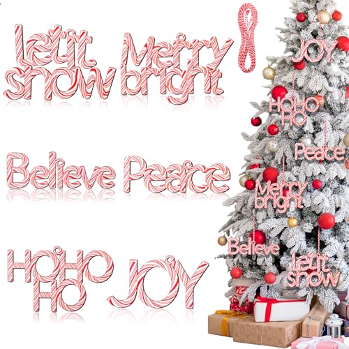 Suzile 6 Pcs Christmas Wood Word Cutout Signs Candy Striped Believe Peace Merry Bright Christmas Tree Word Signs Hanging Ornaments with Rope for Xmas Tree Wall Decorations(Red White Striped)