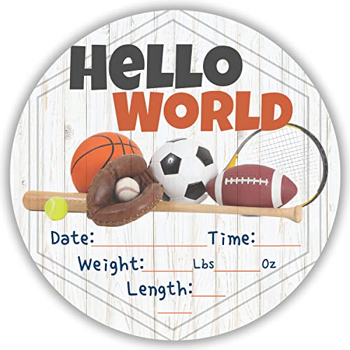Image of Hello World Newborn Baby Announcement Sign Shower Gift Baby Birth Stats Hospital Photo Props Gender Reveal Girl Boy Neutral Nursery Wall Decor Gifts Baby Book Keepsake (Sports 1)