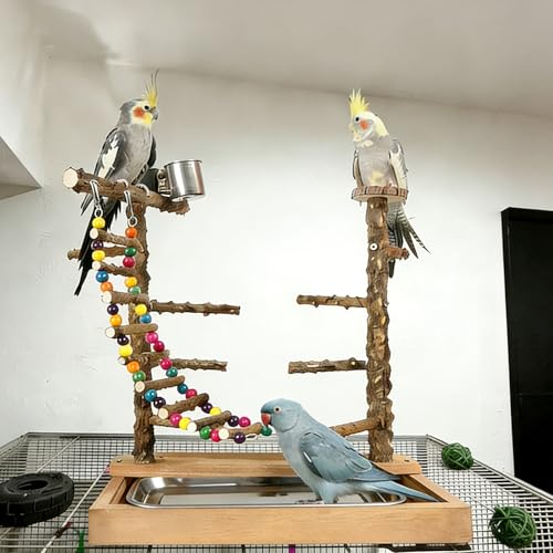 Image of Wooden Bird Play Stand Parrots Playground Perch Stand with Bird Ladder Chewing Toys and 2 Stainless Steel Cups (Brown)
