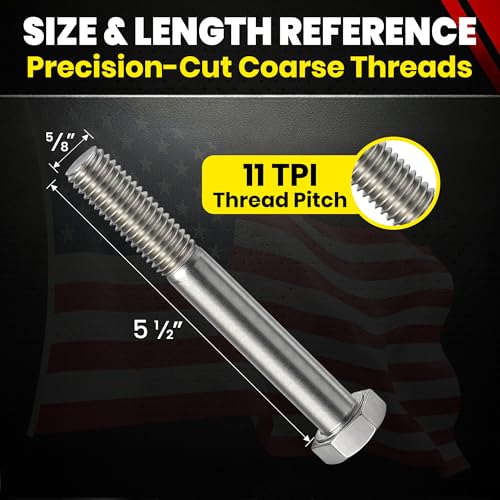 Image of Chenango Supply 5 /8-11 x 5-1 /2 inch Stainless Steel Hex Head Bolts | 304 Stainless, USS Coarse Thread, 100,000-125,000 PSI Tensile Strength, Corrosion-Resistant Hardware Bolts, (10 Pieces)