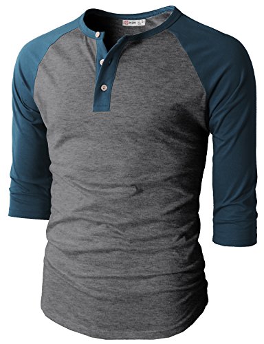 H2H Men's Slim Fit Casual Henley 3/4 Sleeve Baseball Jersey Knit Shirt CHARCOALBLUE US M/Asia L (CMTTS0174) - Thumbnail 2