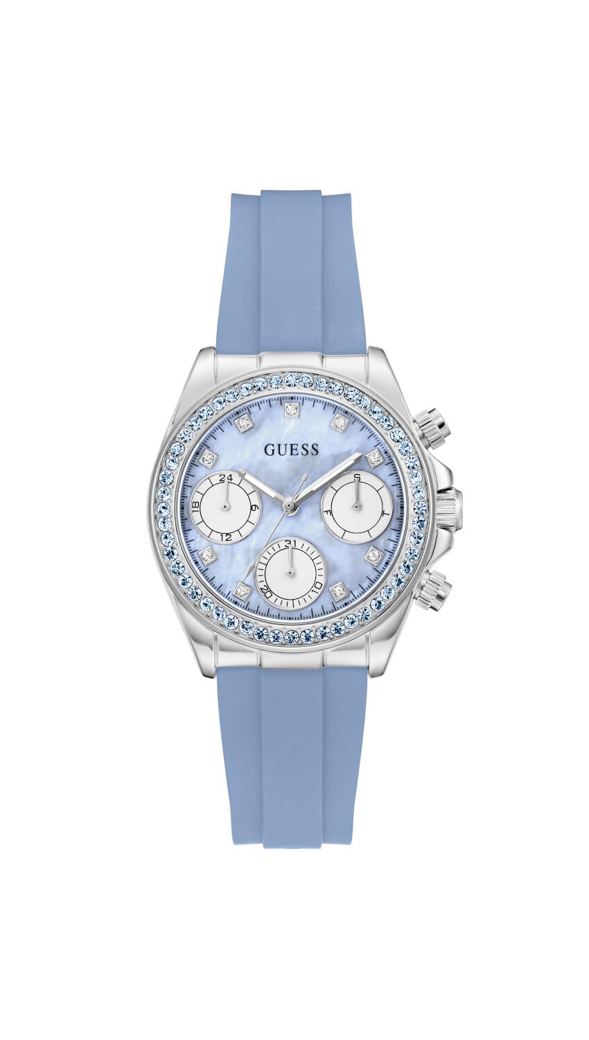 Guess Victoria, Damen Armbanduhr, Quarz Analog, Edelstahl, 36mm, Silikonarmband, Blau, 3 bar, Zifferblattfarbe: Blau, Datumsanzeige, GW1038L1