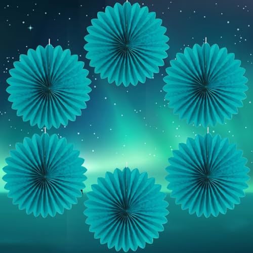 Image of Easy Joy Teal Party Decorations Paper Fans Birthday Wedding Home Party Hanging Decoration, Set of 6 (14 Inches, Teal)