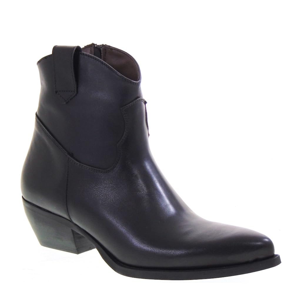 504 Texani Bassi Donna Pelle Nero Tacco Western 4Cm Suola Gomma Gambale Caviglia