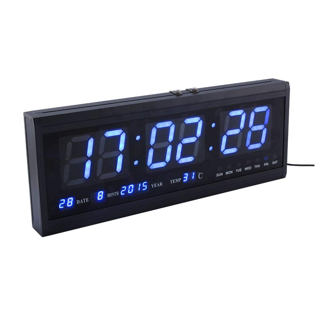 Sjdopulse Light/Blue Large Led Wall Clock, Digital Big Jumbo Timer Alarm Battery Clock With Calendar Temperature Led Display Decorative Home Office Subway Hospital