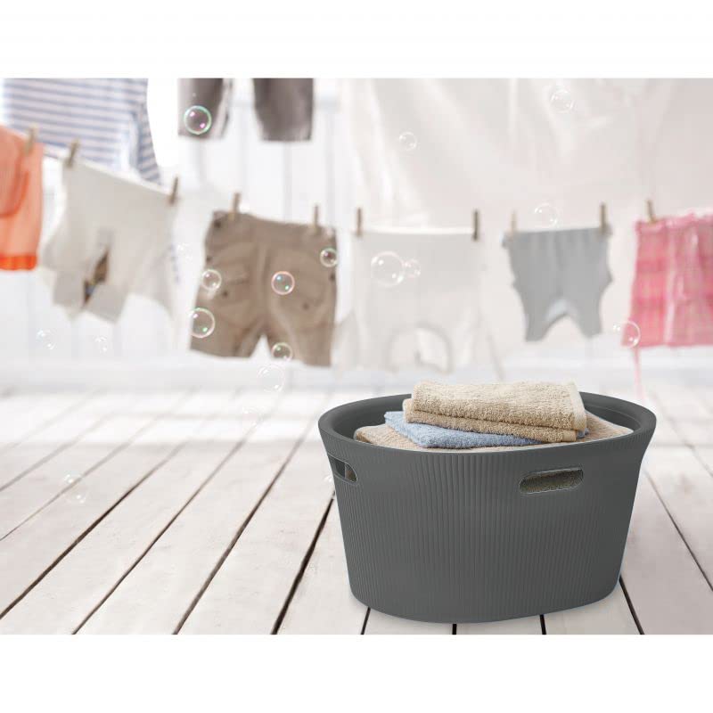 Image of Superio Ribbed Collection - Decorative Plastic Laundry Basket & Laundry Hamper with Lid and Cut-Out Handles, Grey (Set of 2) Organzier for Bedroom Bathroom College Dorm Room