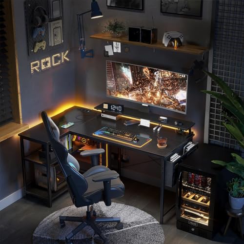 ODK Gaming Tisch L Form, 120x80cm Schreibtisch L Form mit Regal Reversibe, Eckschreibtisch mit USB-Ladeanschluss & Steckdose, Ecktisch mit Monitorständer für Büro, Heimbüro, Schwarz – Bild 3