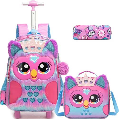 Meetbelify Linda mochila de pelúcia 3D com rodinhas para meninas com rodas para estudantes do ensino fundamental, Coruja