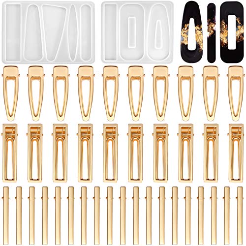 Waydress 62 Pieces DIY Hair Clip Mold Set, Including 2 Pieces Hair Pin Molds DIY Hair Clips Barrette Jewelry Casting Molds and 60 Pieces Assorted Metal Hair Clips for Hair Pin Pendant DIY Making
