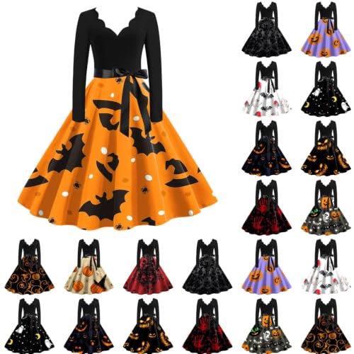 Halloween Dress Long Sleeve Dresses for Women V-Neck A Line Cocktail Pumpkin Printed with Belt Bow - image 1