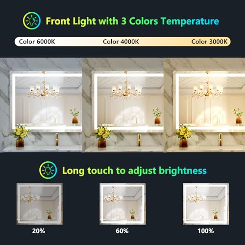 Image of 40x36 Inch RGB LED Bathroom Mirror Front Light and RGB Backlit Lighted Vanity Mirror for Bathroom Wall Mounted Dimmable Anti Fog Memory Shatter-Proof IP54 Waterproof Horizontal /Vertical