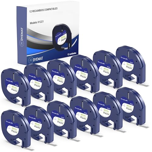 Oyemat Pack 12 Compatible Cinta Dymo Letra tag 91201/91221 12mm x 4m   Cintas de Etiquetas Negro sobre Blanco Plástico para LT 100H, LT 100T, XR, 200B, QX50 Compatible Dymo Recambio   Plastic white