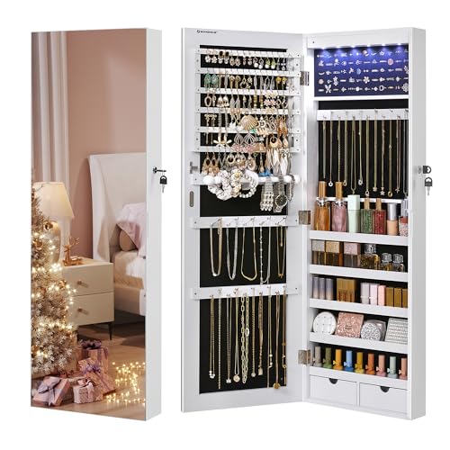SONGMICS Hanging Jewelry Cabinet, Wall-Mounted Cabinet with LED Interior Lights, Door-Mounted Jewelry Organizer, Full-Length Mirror, Christmas Gift Idea, White UJJC99WT