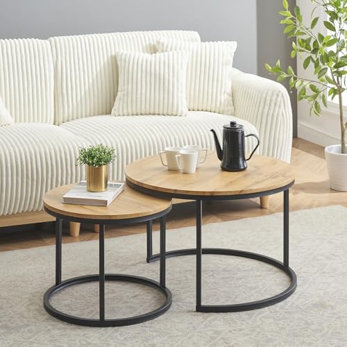 Couchtisch 2er Set, Moderne Couch Tisch mit Schwarz Metallgestell, Couchtisch Eiche, Couchtische Rund Schwarz, Living Room Table, Kaffeetisch, Wohnzimmertisch Holz 70x70x45 & 50x50x35 cm – Bild 3
