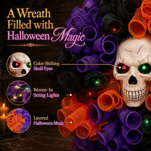 Wizcave 24 in Halloween Wreath with Skull and Color-Changing Lights - image 3