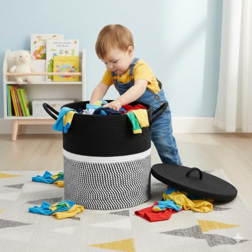 Image of Basket with Lid, 15 inch x 20 inch Woven Storage Basket for Blankets, Toys, Pillows, Towels, Living Room Bedroom Storage Bin, Round Rope Basket with Lid, Wicker Baskets for Organizing (BG8)