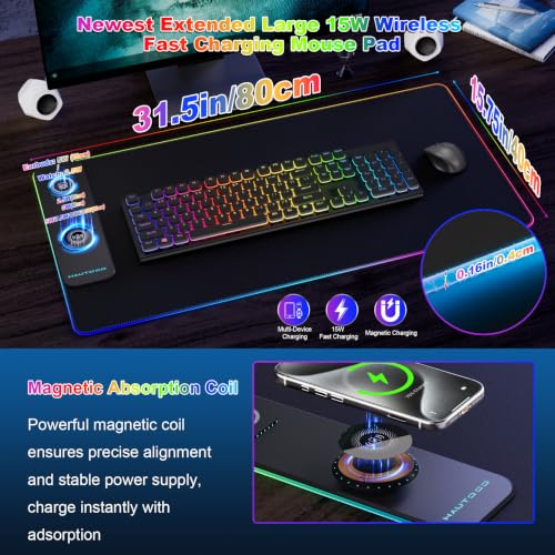Image of HAUTOCO Wireless Charging Mouse Pad, RGB Large Gaming Desk Mat | 31.5 inchx15.75 inch Desk Pad, 15W Fast Charge, 15 RGB Modes, Smooth Surface, Waterproof, Non-Slip Base, Gaming & Office