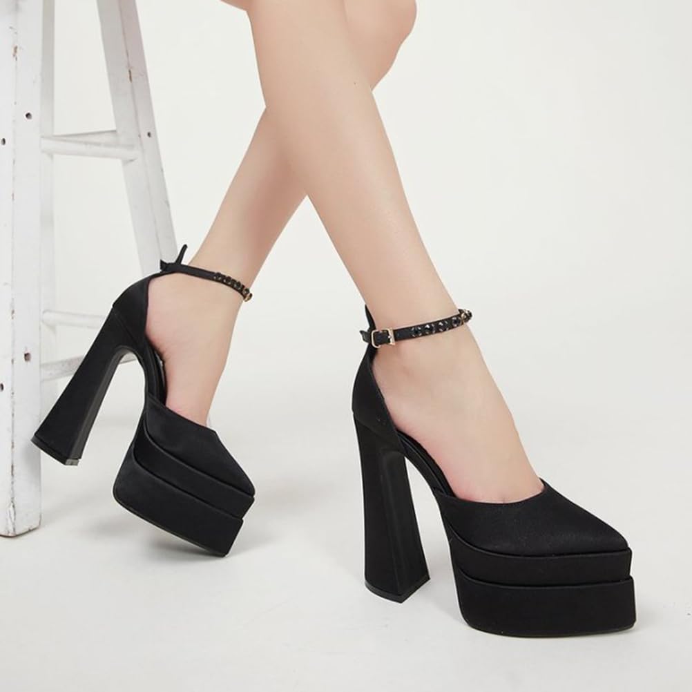 Plataforma de 14.5CM para Mujer Tacones Altos Gruesos Punta Cerrada Correa de Tobillo Hebilla Tacón de Bloque Punta Puntiaguda Fiesta de Bodas