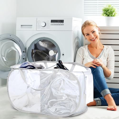 Image of Durable Collapsible Foldable Mesh Pop Up Laundry Basket, 2 Compartments Easy to Carry & Sort Clothes Hampers for Home, Dorm, Travel White