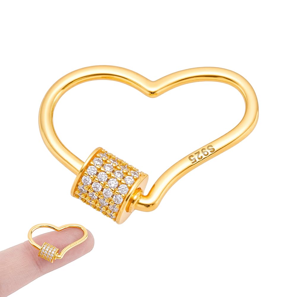 NBEADS Mosquetón de plata de ley 925 con rosca, llavero de circonita con corazón dorado, cierre seguro para hacer joyas, bolsos, accesorios de bricolaje, 16 x 23 x 1 mm
