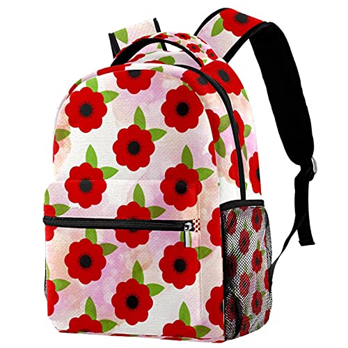 Sac à dos de voyage floral rouge avec porte-bouteille pour campus et loisirs