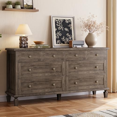 Garvee 8 Drawer Dresser for Bedroom, Vintage 59" Long Dresser TV Stand with Carved Handles and Tapered Legs, Wood Chests of Drawers with Large Capacity Storage, Grey Grey 15.8"D x 59.1"W x 2