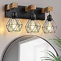 Farmhouse Vanity Light for Bathroom, 3-Light Wood Bathroom Vanity Light Fixtures Over Mirror, Rustic Sconces Wall Lighting with Metal Lampshade for Living Room, Bedroom, Hallway