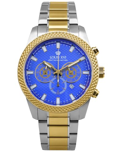 LOUIS XVI Mirage 3341 - Ø 43 mm - Herren Uhr - Chronograph - Wasserdicht - Armband Bicolor Silber Gold - Zifferblatt Blau