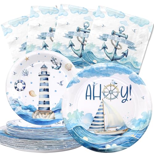 Nautical Party Plates and Napkins for 40 Guests – Sailboat and Lighthouse Theme Baby Shower and Birthday Supplies, Ahoy Ocean Tableware for Kids and Adults