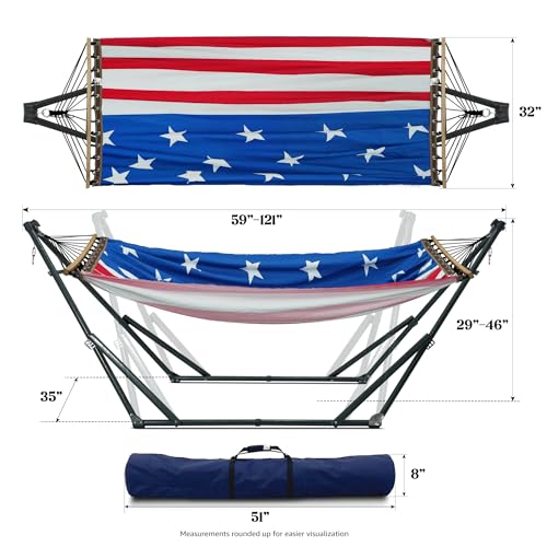 Image of Tranquillo Sturdy Steel Hammock with Stand Premium Cotton Canvas Hammock, 600 lbs Capacity Hammock Stand Folding, Portable 30-Second Fold Unfold, for Camping, American Flag
