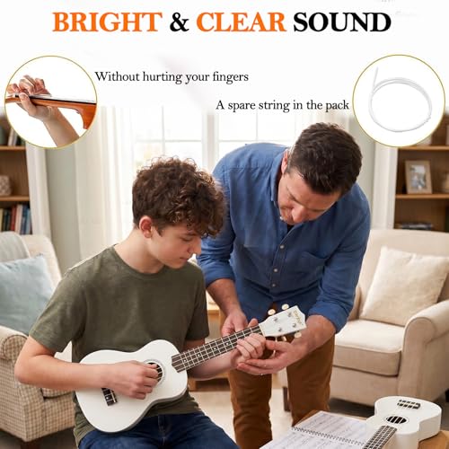 Image of Everjoys Soprano Ukulele Beginner Kit 21 Inch w /Free Online Lesson Gig Bag Tuner Picks Strap, Fast to Learn (Shinny White）