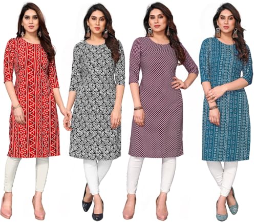 Image of JAKHANA Women's Crepe Printed Casual Straight Calf Length Round Nick Kurta Pack of 4