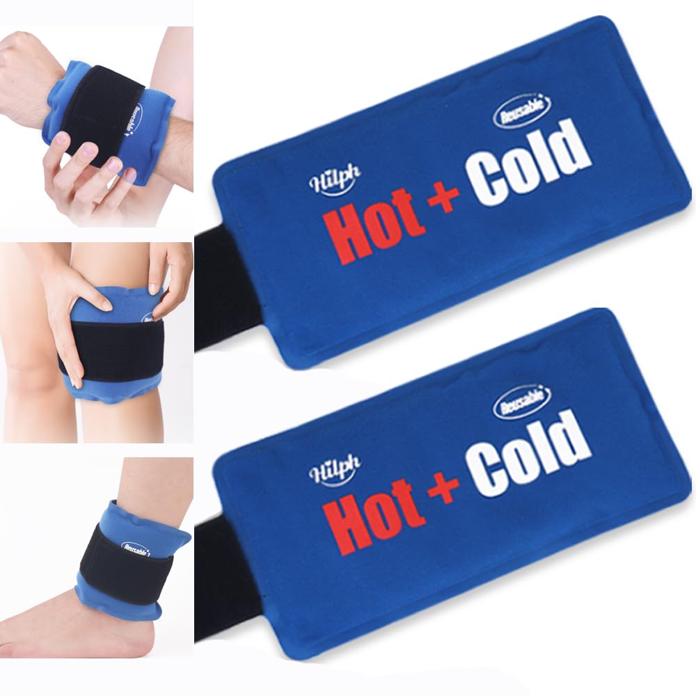 Hilph Large Ice Pack with Strap for Injury Reusable, 2 Packs Hot & Cold Compress Gel Pack for Muscle, Joint Pain & Swelling | Fits Knees, Ankles, Elbows & Wrists - Blue