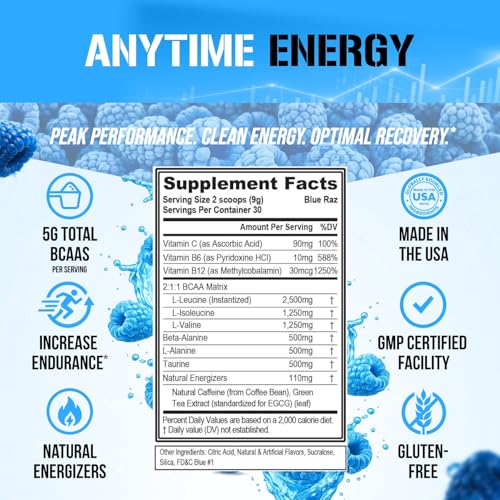 Image of EVL BCAAs Amino Acids Powder - BCAA Energy Pre Workout Powder for Muscle Recovery Lean Growth and Endurance - Rehydrating Post Workout Recovery Drink with Natural Caffeine - Blue Raz